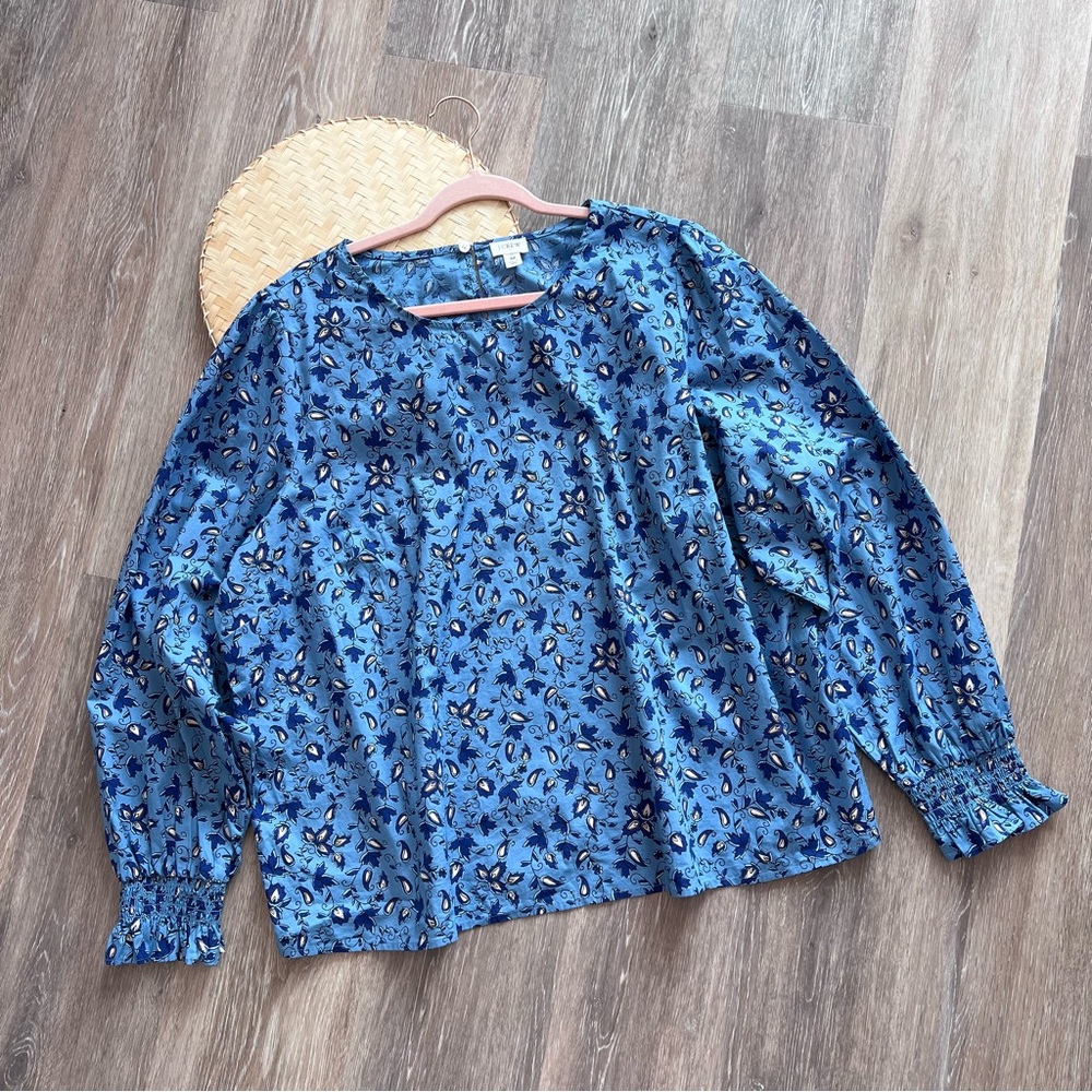 J. Crew poplin blouse long sleeve elegant leaf‎ print blue